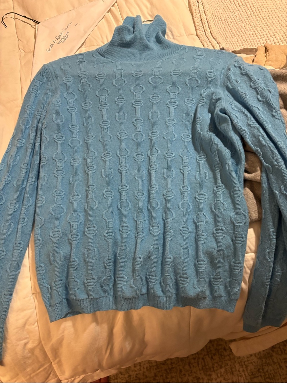 Hermes 100%casmere, chain turtleneck in sky blue.  Size 42.